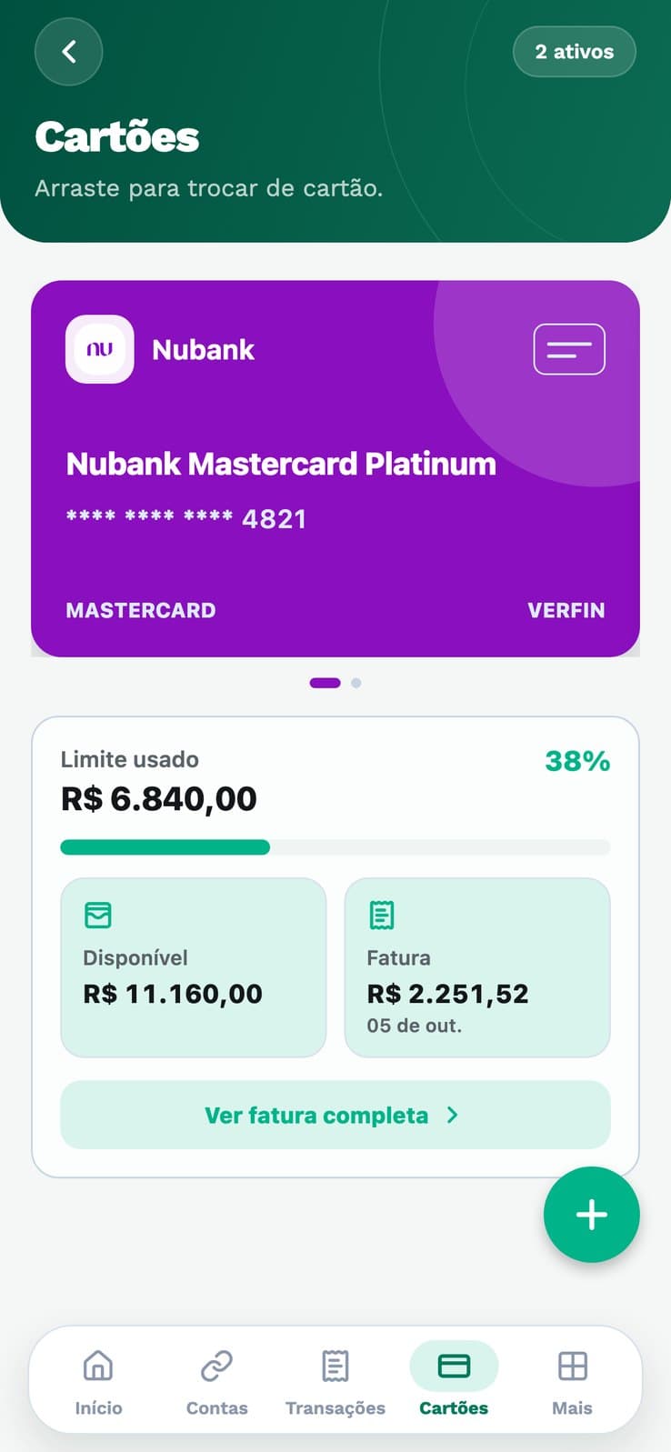 Tela Cartões da verfin mostrando o cartão, limite usado, disponível e fatura