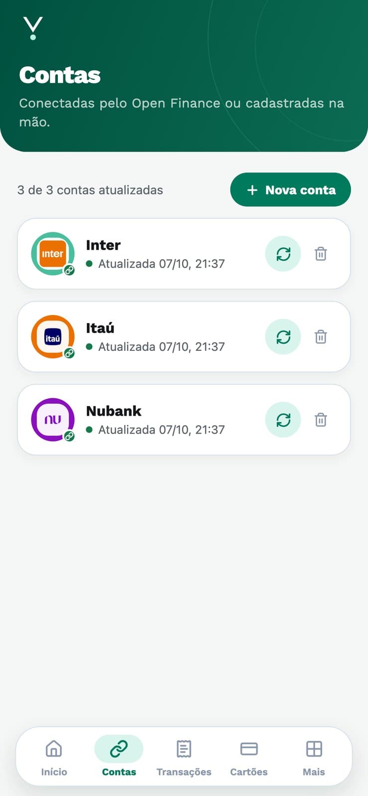 Tela Conexões bancárias da verfin mostrando bancos conectados via Open Finance, todos sincronizados